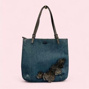 XOXO Y2K Denim Tote Bag with Floral Applique - Blue